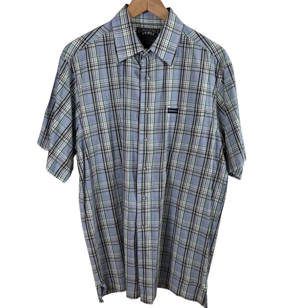 AVIREX Men's L Plaid Short-Sleeve Button-Up Shirt 100% Cotton Black‎ Blue Casual